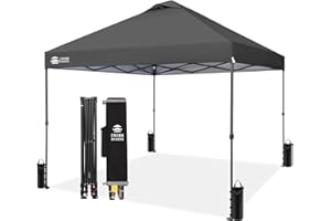 CROWN SHADES 10x10 Pop Up Canopy Tent - Patented Center Lock One Push Instant Outdoor Canopy Beach Tent with STO-N-Go Bag 8 Stakes & 4 Sand Bags，Grid Grey