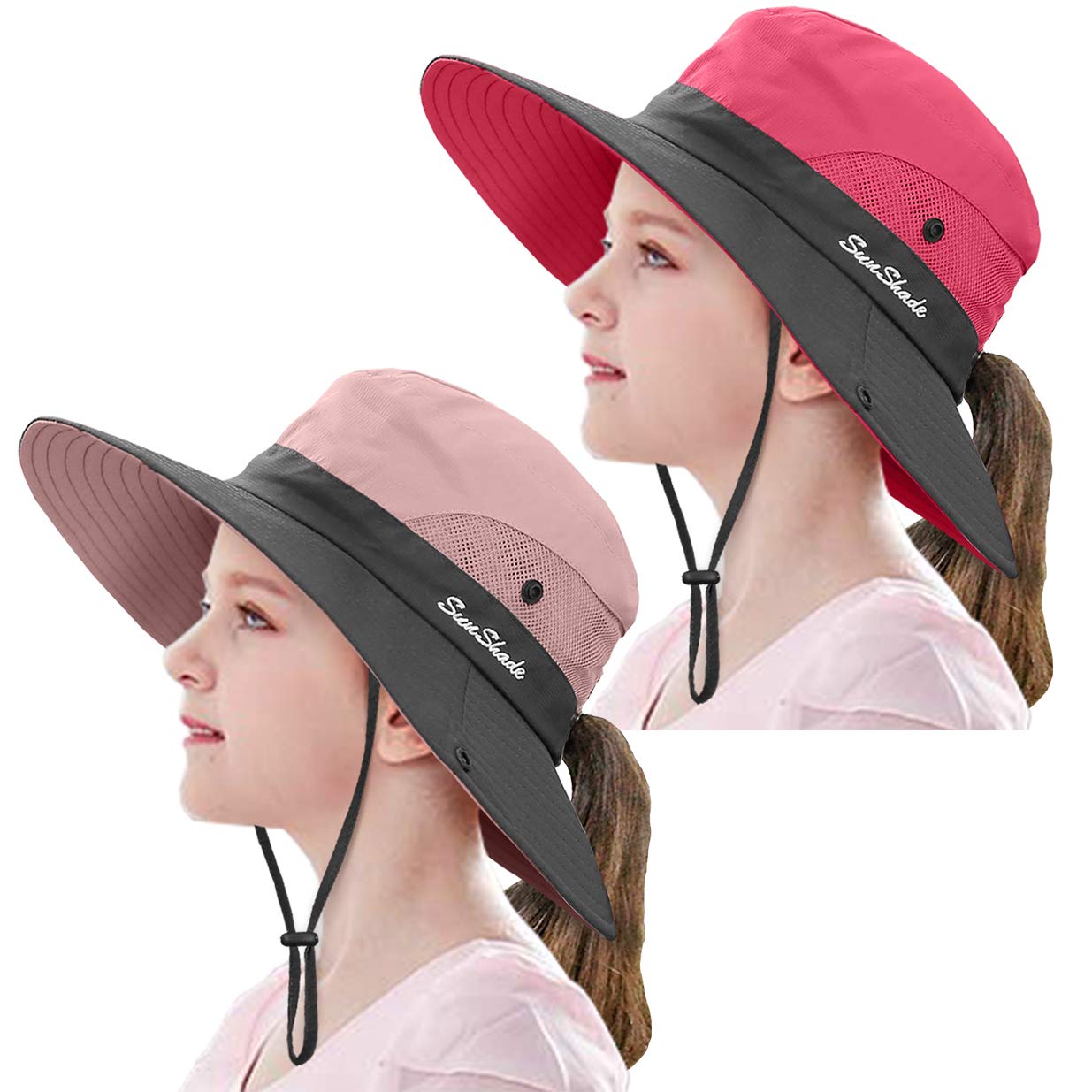 Photo 1 of 2 Pieces 5-14Y Kids Summer Sun Hat Wide Brim UV Protection for Girls Ponytail Beach Bucket Cap (Watermelon Red?Pink)