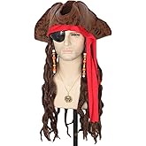 Topcosplay Pirate Wig Hat with Braids Eye Patch Earring Pirate Costume Cosplay Accessories