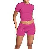 qfmqkpi Women Workout 2 Piece sets Short Sleeve Tops Slim Foldover Shorts Matching Gym Outfits Tracksuit