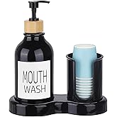 Mouthwash Dispenser for Bathroom, 16oz Plastic Mouthwash Dispenser with Cup Holder and Tray Mouth Wash Bottle Container - Black