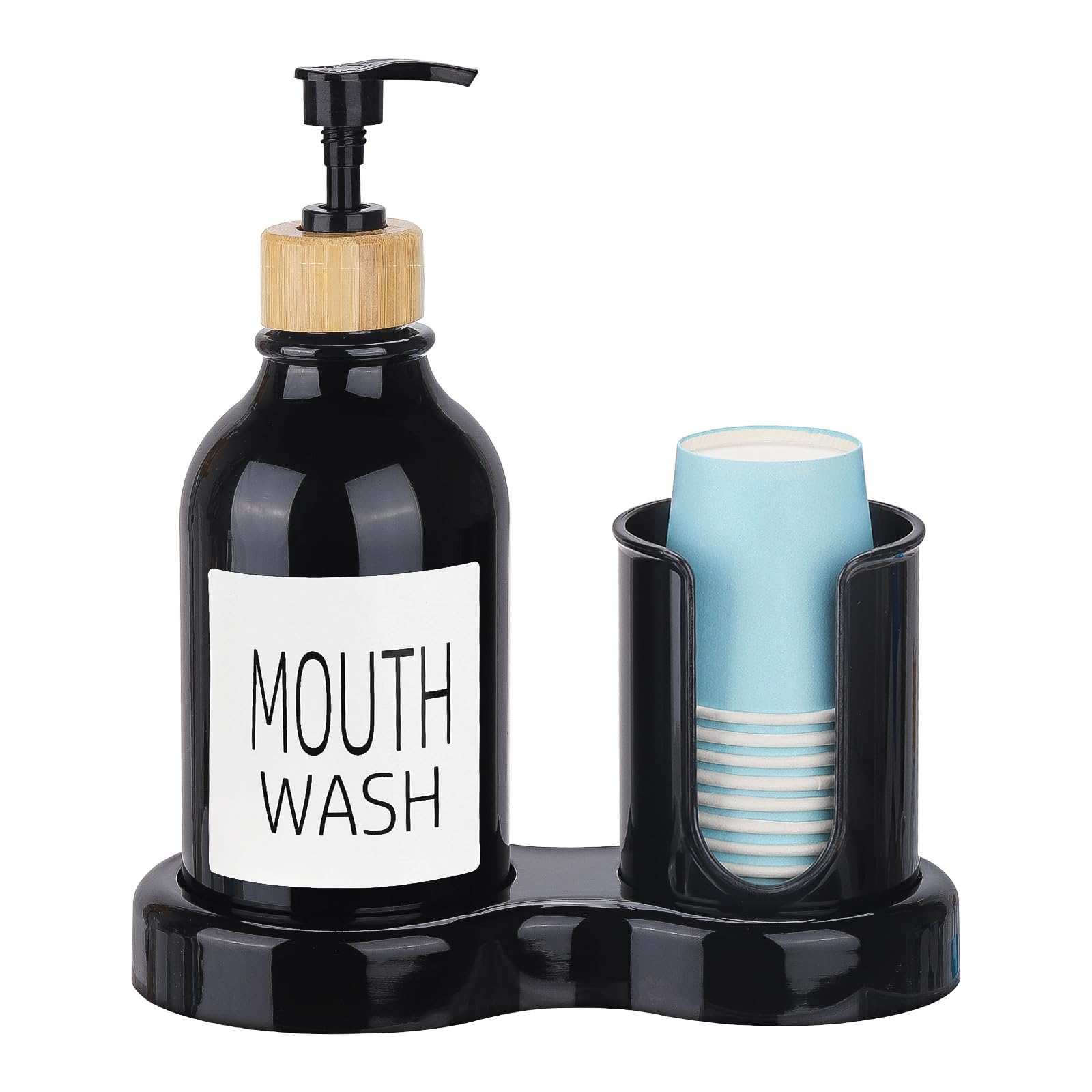 Photo 1 of Mouthwash Dispenser for Bathroom, 16oz Plastic Mouthwash Dispenser with Cup Holder and Tray Mouth Wash Bottle Container - Black