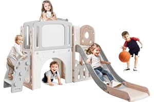 8-in-1 Toddler Slide & Climber Playset,Indoor/Outdoor Multi-Activity Center with Basketball Hoop, Telescope, Tunnel & Storage