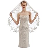 ELAWBTY Womens 2 Tier Fingertip Length Short Lace Wedding Bridal Veil With Comb X07