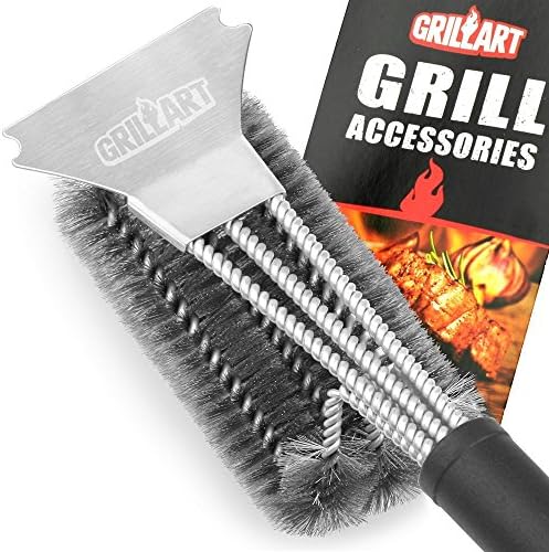 Grill Brush and Scraper - GRILLART Bristles 18" Best BBQ Grill Brush - Stainless Steel Woven Wire 3 in 1 Durable &amp; Effective Barbecue Cleaning Brush Grilling Accessories Tools (Leather Hanging)