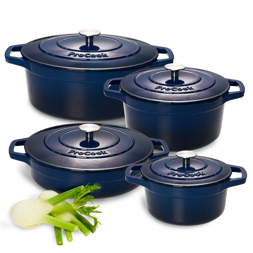 ProCook Cast Iron Casserole Set 4 Piece Graduated Blue Induction