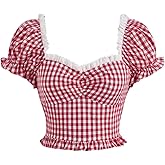 WDIRARA Women's Plaid Sweetheart Neck Puff Short Sleeve Crop Top Frill Trim Ruched Blouse