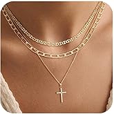 Feskive Layered Gold Necklaces for Women Dainty 14k Gold/Silver Plated Stackable Choker Necklaces for Women Trendy Cuba Cross Circle Pendant Necklaces Set Jewelry Gifts for Women