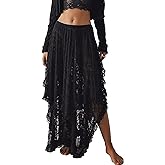 R.Vivimos Women Lace Long Skirts Summer Elastic Asymmetrical Layered Hem Sexy See-Through Beach Floral Maxi Skirts