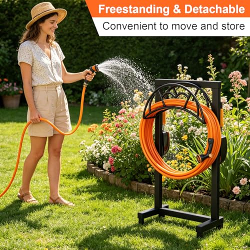 VyGrow Garden Hose Holder, Freestanding Heavy Duty Water Hose Holder for Outside, Upgraded Metal Hose Stand with 4 Spikes, Detachable Garden Hose Storage Hose Reel Rack, Black