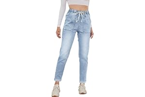 Metietila Women’s High Waisted Pull-On Jeans Casual Elastic Waist Jeans Denim Joggers Pants with Drawstring