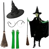 YEPDEEK 4 Pcs Halloween Witch Costume Set, Cosplay Kit with Witch Hat, Green Gloves, Broom & Glasses – Wicked Party Costume for Women Lady
