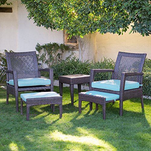 AURO Brisbane Outdoor Furniture | 5-Piece Lounge Chair & Ottoman | All-Weather Brown Wicker  ...