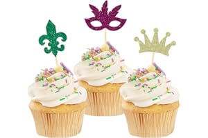 AUKOLASS 24 Pcs Mardi Gras Cupcake Toppers, Glitter Masquerade Masks Cupcake Toppers for Masquerade Mardi Gras Party Baby Shower Birthday Party Decorations (fleur de lis)