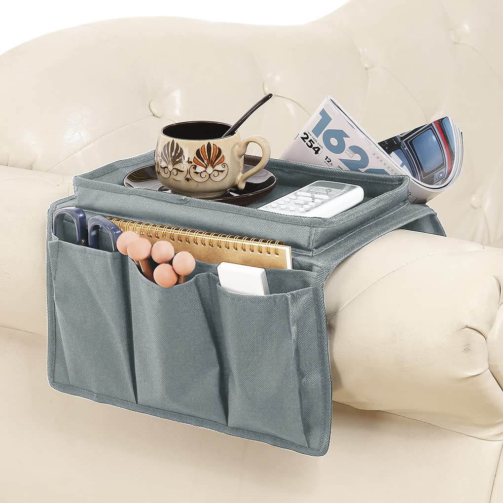 Sofa Armrest Organizer Couch Caddy Armchair Hanging Storage Bag Sofa Space Saver Arm Rest Chair Organiser with Cup Holder Tray for Phone, Books, Magazine, Snacks, Glasses,6 Pockets (Grey)