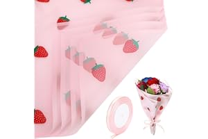 YONHTUTU 20 Sheets Flower Wrapping Paper, Matte Florist Strawberry Flower Bouquet Wrapping Paper With Ribbon, Pink Paper Floral Wrap Papers for Bouquets, Gift Wrapping Papers for Birthday Girl Wedding Graduation