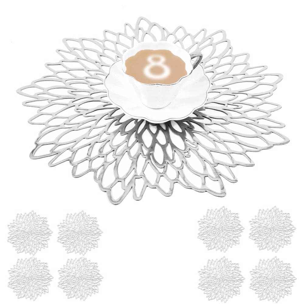 Mangata Silver Placemats and Coaster Sets of 8, Round Table Placemats for Christmas, Wedding, Dinner Parties, Restaurant, Hotel, 38cm, 15.5inches