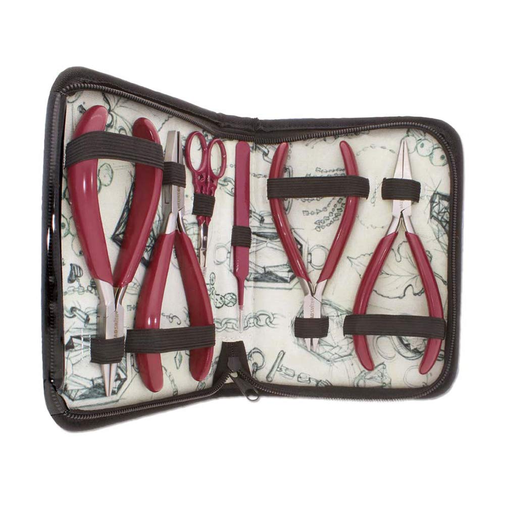 The Beadsmith 6-Piece Tools Set – 6 inches (152 mm) Jewelry-Making Kit, Includes Chain, Round, and Flat Nose, Flush Cutter, Scissors, & Tweezers w/Case