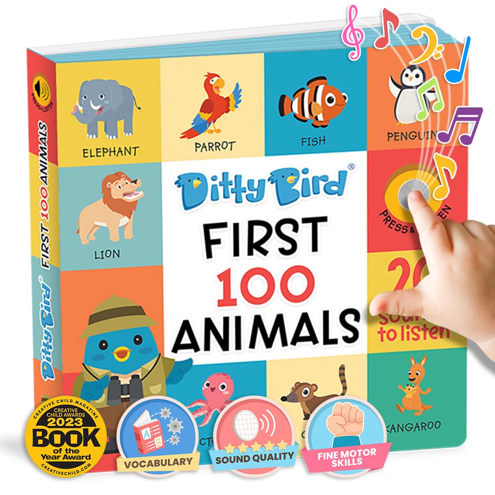 Ditty Bird Talking Books 100 Animals | USB-C rechargeable book for 1-3 | 100 Words for Vocabulary & Speech development | Children's Interactive Toddler Toys with Pictures | Learning Toy for toddlers