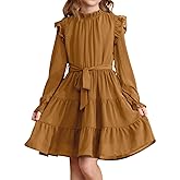 blibean Girls Long Sleeve Fall Dresses Tween Casual Ruffled Swing Formal Dressses Belt Size 4-15 Years