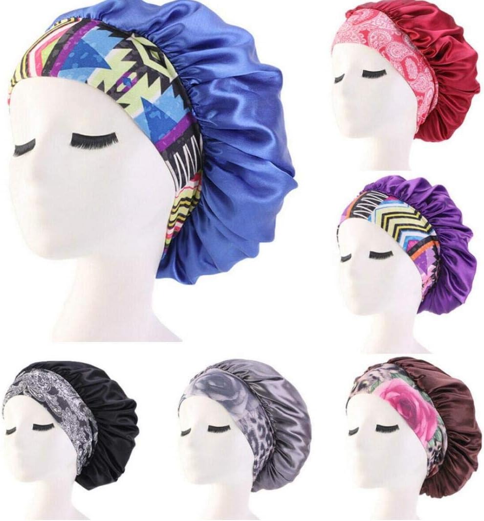 Angoter Women Satin Night Sleep Cap Cover Hair Bonnet Hat Silk Head Wide Elastic Band for Curly Springy Hair Chemo Cap Black
