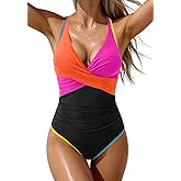 B2prity Women's One Piece Swimsuits Tummy Control Ruched Bathing Suit V Neck Tie Back Swimwear Wrap Swim Suit