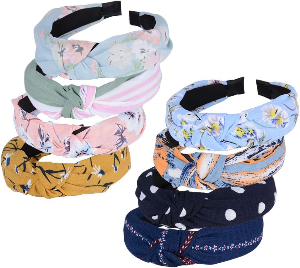8 pc Vintage Elastic Hair Bands, Stretchy Headbands for Women Girl with Twist Knot Cross - Boho Headband Accessories