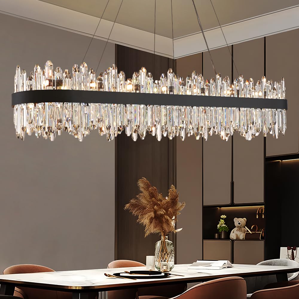 Photo 1 of LIZZTREE Black Oval Crystal Chandelier L57 inch, 32-Lights Chandeliers Modern Crystal Chandelier Pendant Light Fixture G9 Lights Pendant Ceiling Light for Kitchen Island High Ceiling