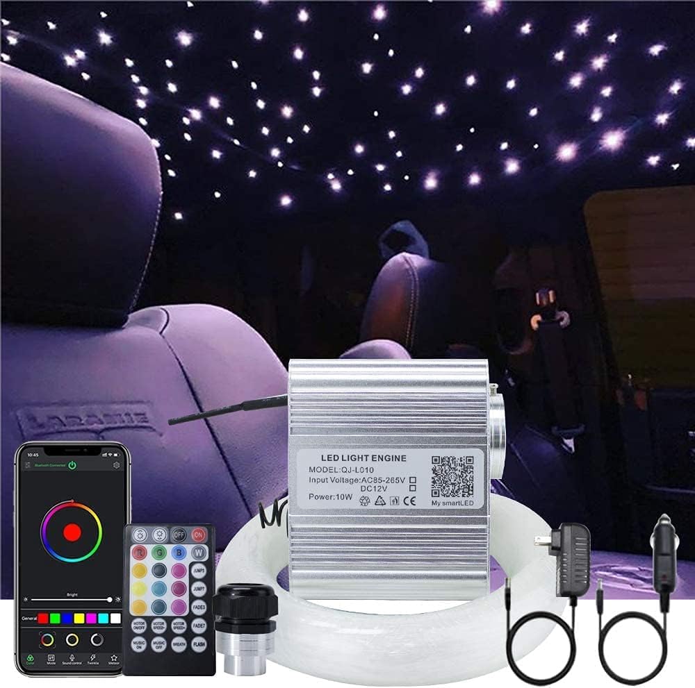 Callsky 10W Twinkle App Fiber Optic Star Ceiling Light Kit, Car Home Use Bluetooth RGBW Music Activated LED Engine Driver + Cables【200pcs*0.03in/0.75mm*6.5ft/2m】+ 28key Remote Control
