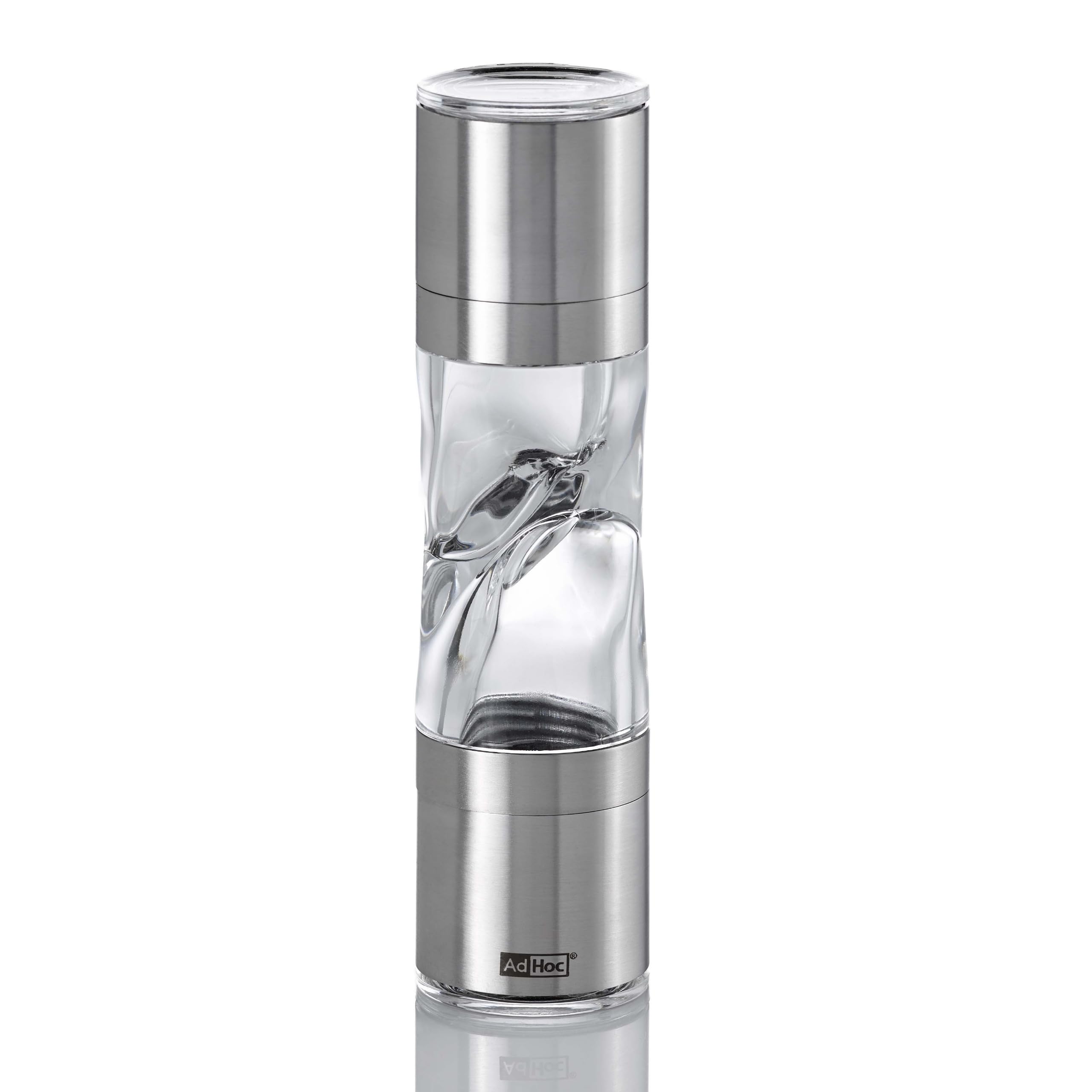 AdHoc Duospice Mini Spice Cutter and Mill Compact Grinder for Dry Herbs and Spices, Salt and Pepper Cutter, Stainless Steel/Acrylic, (H) 150mm x (D) 38mm, Clear/Silver