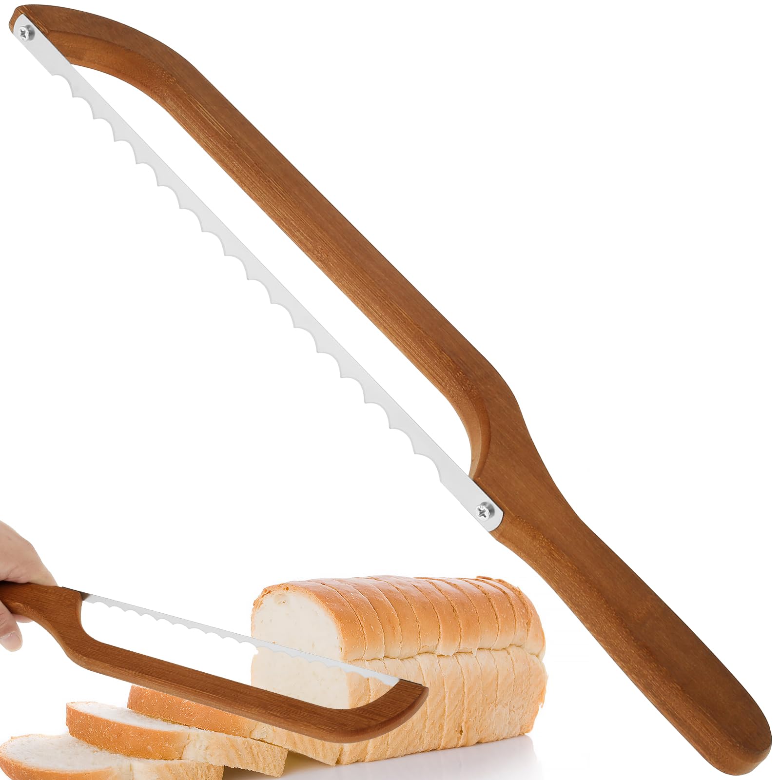 Bread Slicer, 15.7×2.4 Inch Bread Bow Saw For Slicing, Stainless Steel Sourdough Bread Slicer Portable Bread Cutting Tool with Bamboo Handle Bread Cutter for Homemade Bagels Bread Baguettes