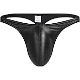 Ausing Men's Sexy Low Rise Thong Underwear Bulge Pouch T-Back G-String Briefs Faux Leather Shiny Metallic Panties