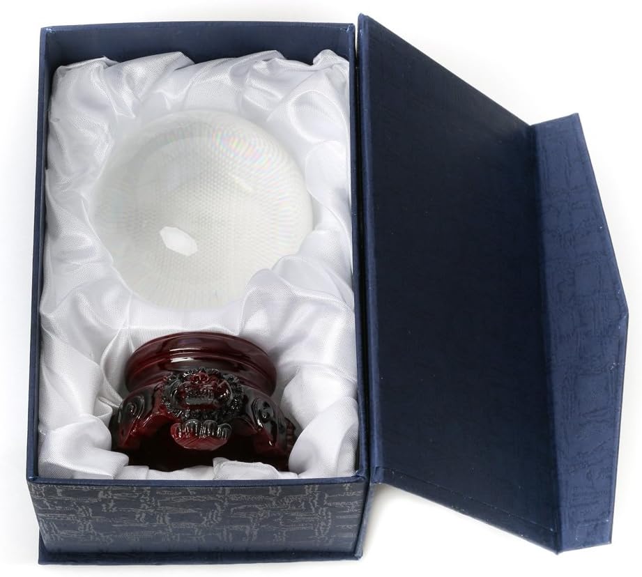 Amlong Crystal 3 inch (80mm) Clear Crystal Ball with Redwood Lion Resin Stand and Gift Box for Decorative Ball, Lensball Photography, Gazing Divination or Feng Shui, and Fortune Telling Ball: Home & Kitchen