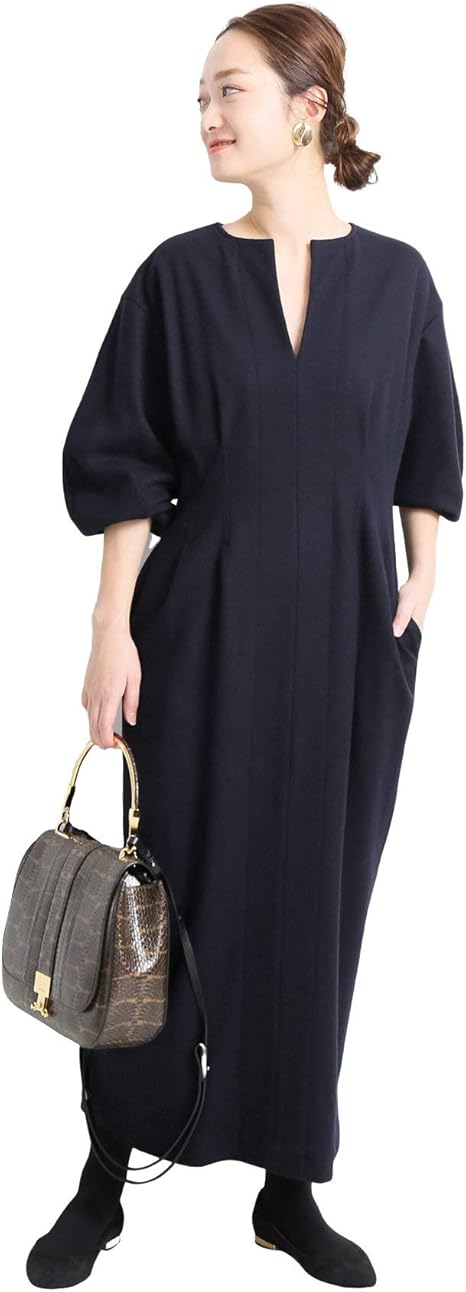 Amazon Co Jp ヴェルメイユ パー イエナ 追加 ウール圧縮スムース ウエストシェイプ パフスリーブワンピース 38 ネイビー 服 ファッション小物