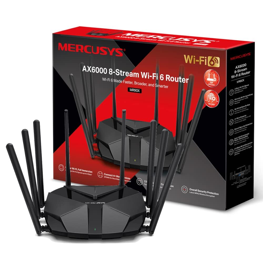 Mercusys AX6000 Dual-Band 8-Stream Wi-Fi 6 Router, Quad-core 1.6 GHz processor, 1× 2.5 Gbps + 1× Gigabit WAN/LAN Port + 2× Gigabit LAN Ports, WPA3 Protects, Ideal for Gaming Xbox/PS4/Steam & 4K(MR90X)