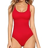 MANGOPOP Women's Tank Top Bodysuit Scoop Neck Sleeveless Body Suits Sexy U-Back Backless Going Out Tops, Red X-Large