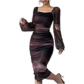 GORGLITTER Women's Mesh Bodycon Dress Cocktail Wedding Guest Formal Tie Dye Lantern Sleeve Ruched Midi Dresses