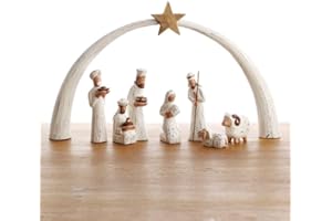 DEAR HOLIDAYS Christmas Decor, Nativity Scene, Village Set, Tabletop Decor, Wood Figurines, Rustic, White, Set of 8 Pieces with Arch