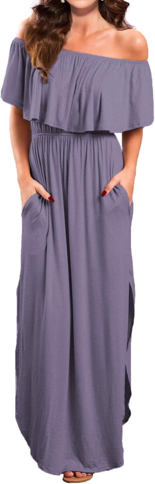 Women's Off Shoulder Summer Casual Long Ruffle Beach Maxi Dress with Pockets