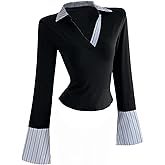 MakeMeChic Women's Striped V Neck Tee Shirt Bell Sleeve Collared 2 in 1 Business Dressy Tops