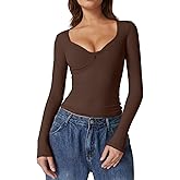 QINSEN Womens Long Sleeve Twist Front V Neck T Shirts Double Lined Slim Fit Trendy Top Tee