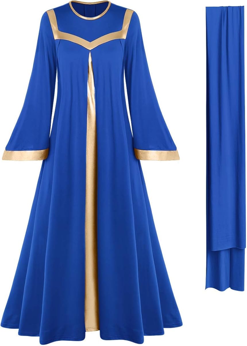 Women Gold Metallic Bell Long Sleeve Praise Dance Dress with Waistband Liturgical Dancewear Church Robe Worship Costume: Clothing
