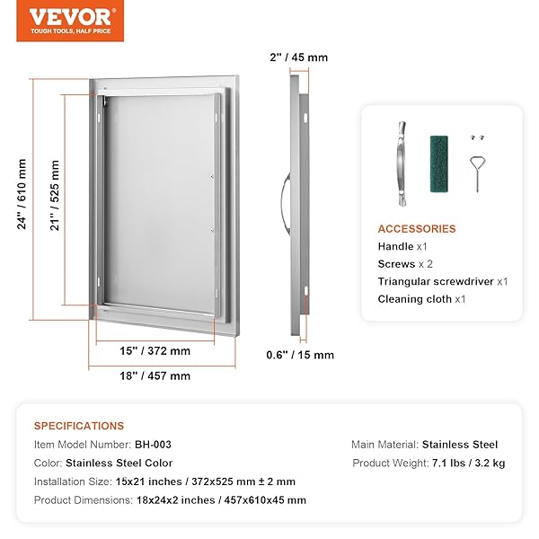 VEVOR BBQ ACCESS DOOR, 18W X 24H INCH SINGLE OUTDOOR KITCHEN, STAINLESS STEEL FLUSH MOUNT, WALL VERTICAL WITH HANDLE, FOR BBQ ISLAND, GRILLING STATION, OUTSIDE CABINET