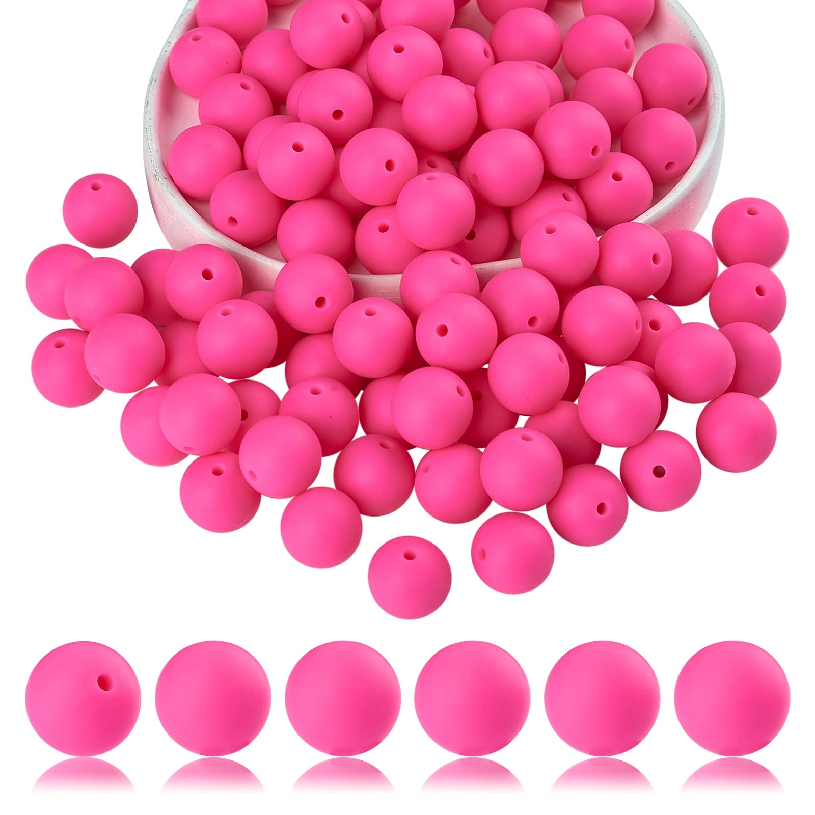 BEEFLYING 100 Pieces Silicone Beads 15mm Round Rubber Focal Bead Loose Spacer Beads for Keychain Making, Pen Bracelet Necklace Jewelry DIY Craft (Deep Pink) — image 1