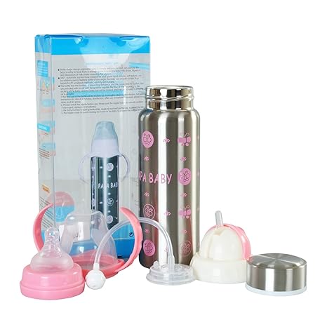 Honey Boo 3 in 1 Baby Feeding Bottle Thermo-Steel Multifunctional-Sipper, Nipple & Straw 240 ML (for 5+ Month Baby) (Pink)