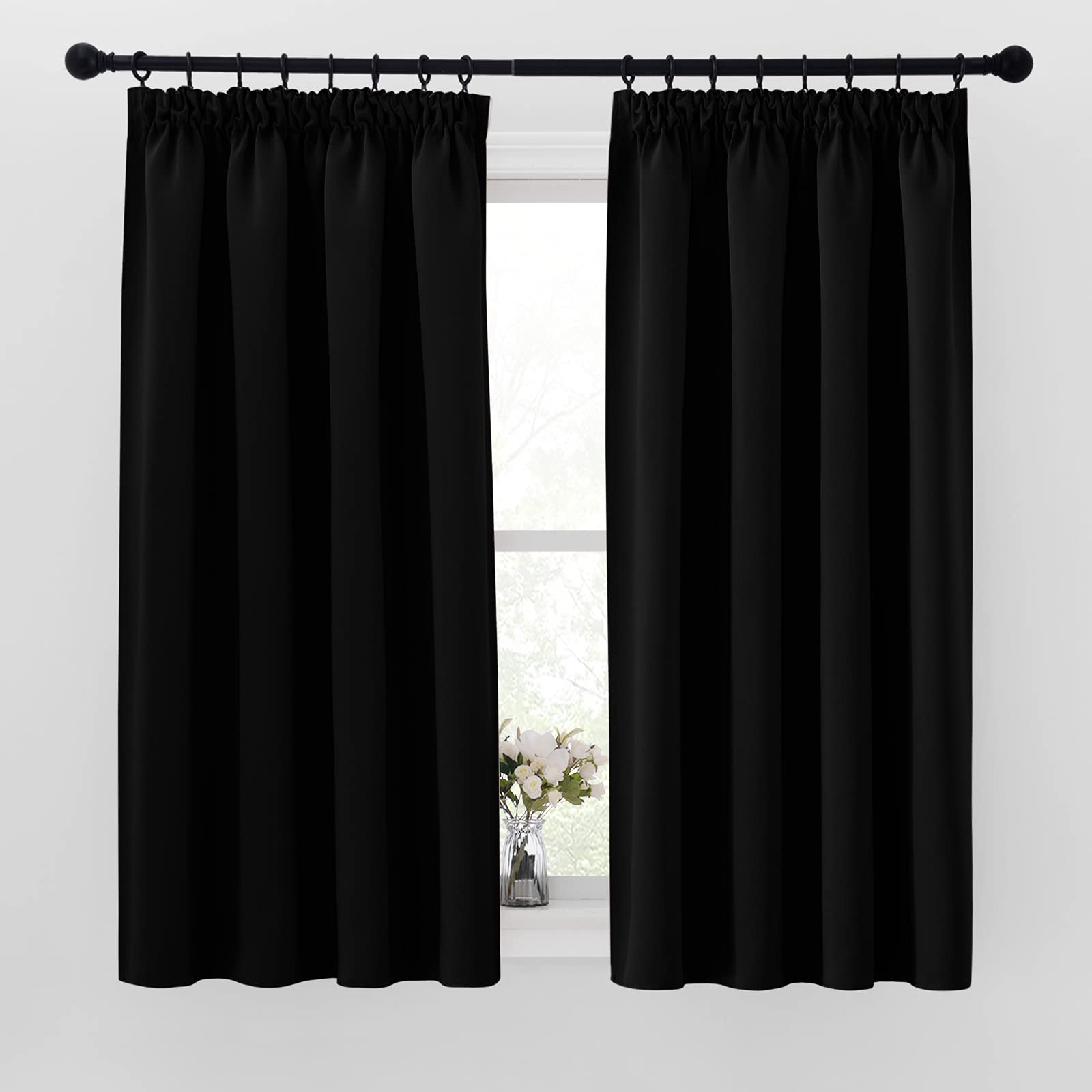 PONY DANCE Thick Thermal Blackout Curtains - Room Darkening Pencil Pleat Curtains for Winter Energy Saving Window Treatment Panels for Home Decoration, Black, W46 X L45, 2 Panels