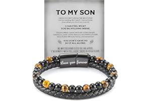 DIOWUS Son's Tiger Eye Protection Bracelets For Men, To My Son Bracelet from Mom Leather Black Beaded Bangle Engarved With Love You Forever Cuff Jewelry Gift for Birthday Christmas