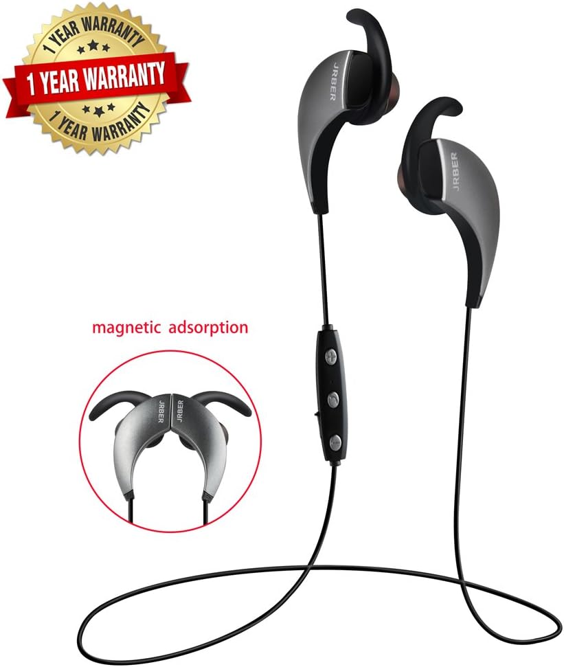 Bluetooth Headphones Wireless Earphones JRBER Stereo Sports Magnetic Headset CVC 6.0 Noise Cancelling Earbuds Lightweight Sweatproof Headphones with Mic for Work Out, Gym(Black) (RJ-SY-01)