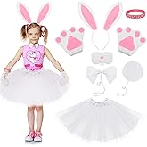 Waydress 7 Pcs Halloween Bunny Costume Accessories Rabbit Ear Headband Nose Tail Bowtie Paws White Tutu Skirt Silicone Heart Rubber Bracelet for Halloween Cosplay Party