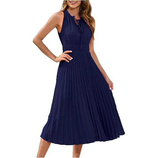 IKADEX Women Swiss Dot Pleated A-line Midi Dress Sleeveless Tie V-Neck  Summer Casual Cocktail Dress Navy Blue M at Amazon Women's Clothing store